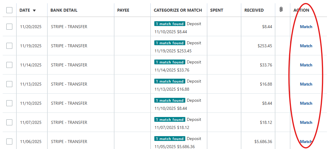 Quickbooks match deposit