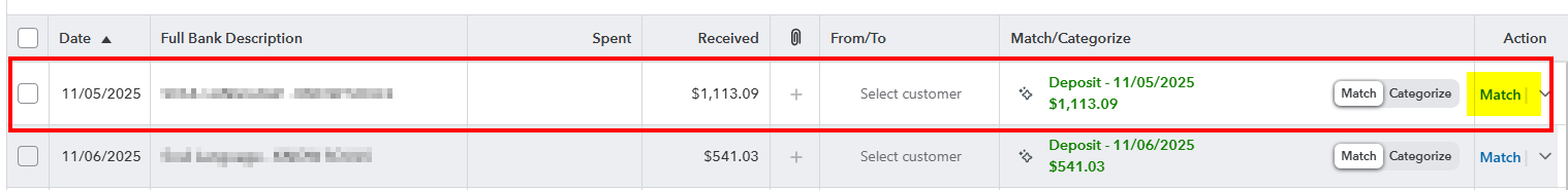 Quickbooks match deposit